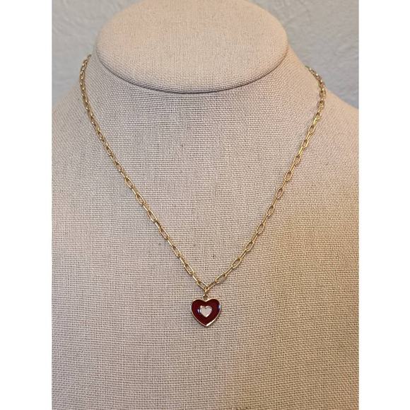 Delicate Gold Tone Chain Red Enamel Heart Pendant Necklace - Picture 1 of 5